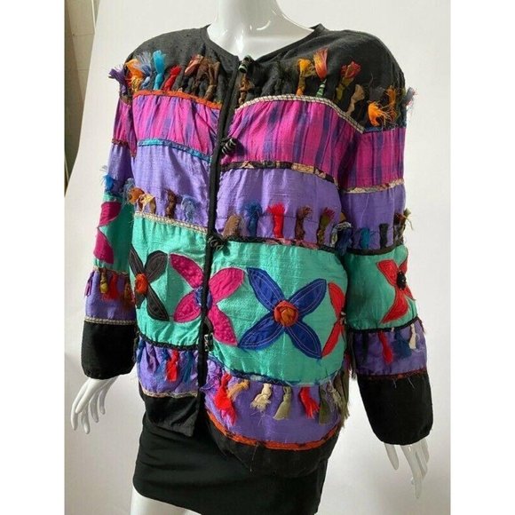 Allure Sz Medium Silk Rayon Color Block Embellished Jacket - Picture 9 of 16